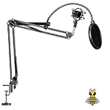 Tree New Bee Complete Set Microphone Suspension Boom Scissor Arm Stand with 6 inch Mic Round Wind Pop Filter Mask Shield and Black Shock Mount (TNB-ARM02), With Pop Filter and Shock Mount