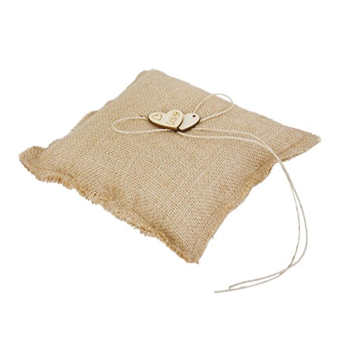 FENICAL Burlap Wedding Ring Pillow Bridal Ring Bearer Pillow Cushion with Wood Double Heart 18x18cm