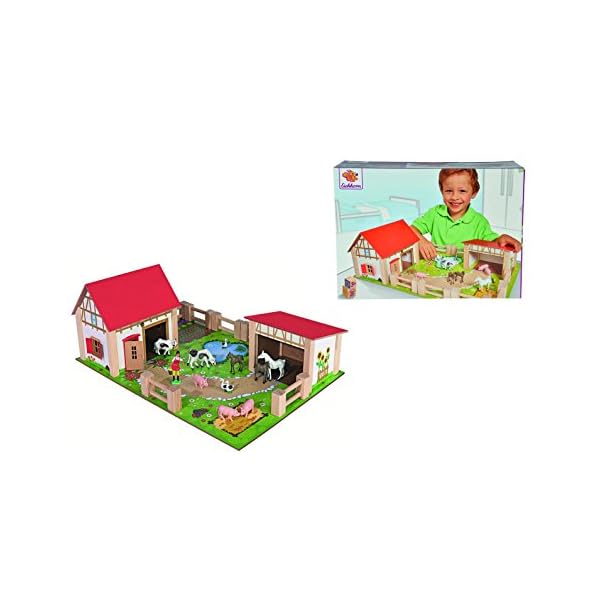 Eichhorn 100004308 - Bauernhof mit 2 Gebäuden, Spielplatte, Figuren, Tieren, Zäunen; 25-tlg, 36x51cm, Buchenholz – Bild 7