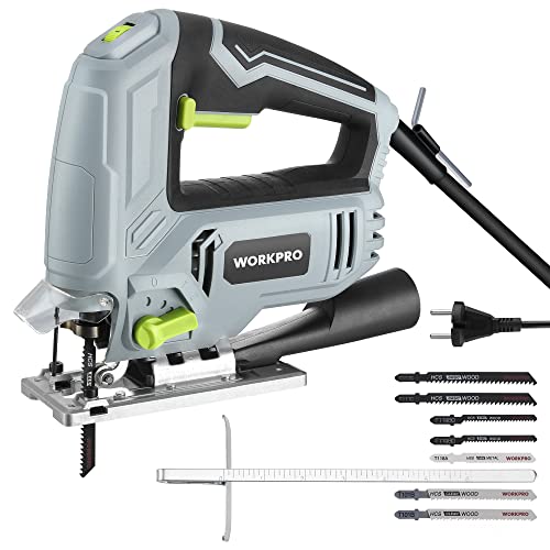 WORKPRO 600W Jig Saw, 6 Speeds and 7 Blades Included | Electric Jig Saw with 4 Orbital Positions, ±45° Cutting and Integrated Dust Blowing Function