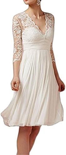 CCBubble Short Lace Wedding Dresses 3/4 Sleeves Simple Wedding GownIvory-US8