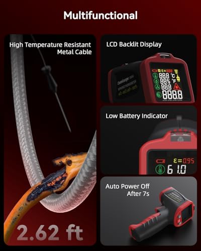 Infrared Thermometer Temperature Gun with Probe -58℉ to 1202℉, Digital Heat Surface Temp Humidity Gun, Non-Contact Laser Thermal Gun for Cooking Food, Barbecue Meat, Pizza Oven, Griddle (CM650)