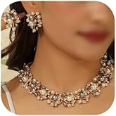 Jnncocier Exaggeration Gold plated 1920s Faux Pearls Choker Earrings Set Gray Faux Pearls Rhinestone Necklace Earrings Set Sparkly Wedding Jewelry Set Halloween Gold plated Necklace Earrings for Women