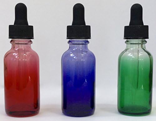 Three Designer Glass Bottles - One Ounce w/ Black Eye Droppers - Sapphire, Emerald, &amp; Ruby for Essential Oils, Home and Beauty Products.