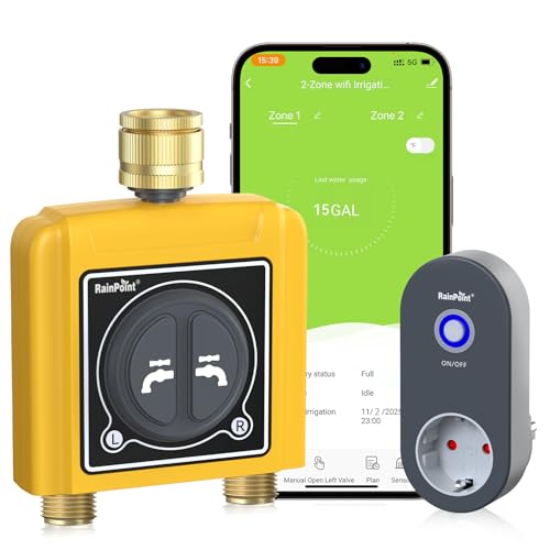 RAINPOINT 2 Way WiFi Irrigation Control Unit with Brass Inlet and Outlet, Smart Irrigation Timer, App/Voice Control, Soil/Weather Humidity Based Irrigation for Lawn/Garden/Greenhouse