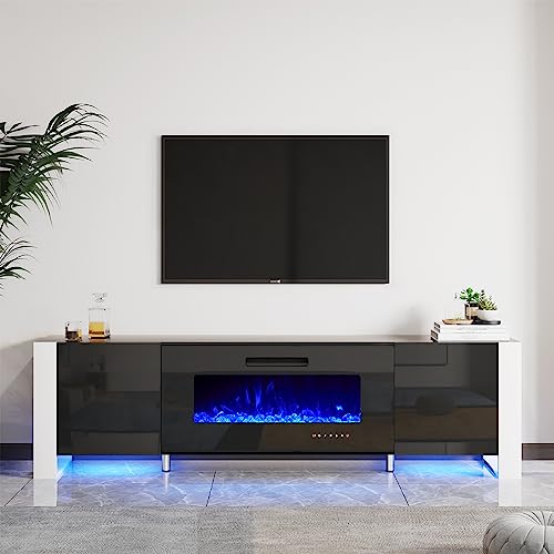 Jocisland 80" Fireplace TV Stand with 40" Electric Fireplace, Entertainment Center with High Gloss Doors & LED Lights, Modern Entertainment Stand for TVs up to 90", Black