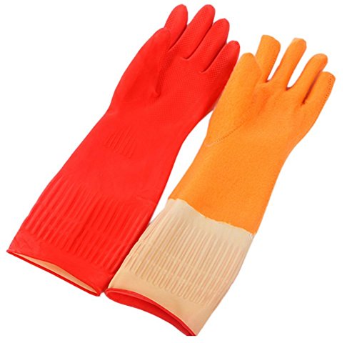 Lesirit Waterproof Household Gloves Long Sleeve Fleece Cuff Latex Cleaning Gloves from, 2 Pair Pack (B)
