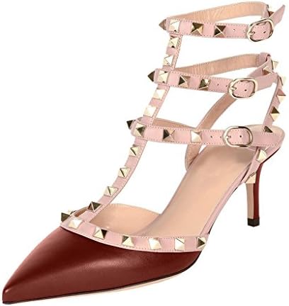 VASHOP Women's Gladiator Rivets Buckle Studded Sandals T-strap Kitten Dress Sandals,Burgundy PU/5