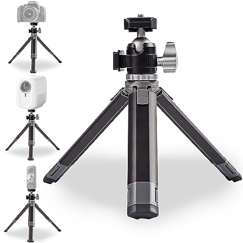 FitStill Mini Camera Tripod Selfie Stick with Double Cold Shoe 360° Ball Head, Extendable Tabletop Tripod Stand Handle Grip for DJI Go Pro Hero 12/11/10/9/8/7/6 Black Action Camera SLR camera Vlogging