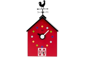 KOOKOO Red Barn Small, Farmhouse Clock with 12 Animal Sounds, a Rooster and a Rotating weathervane