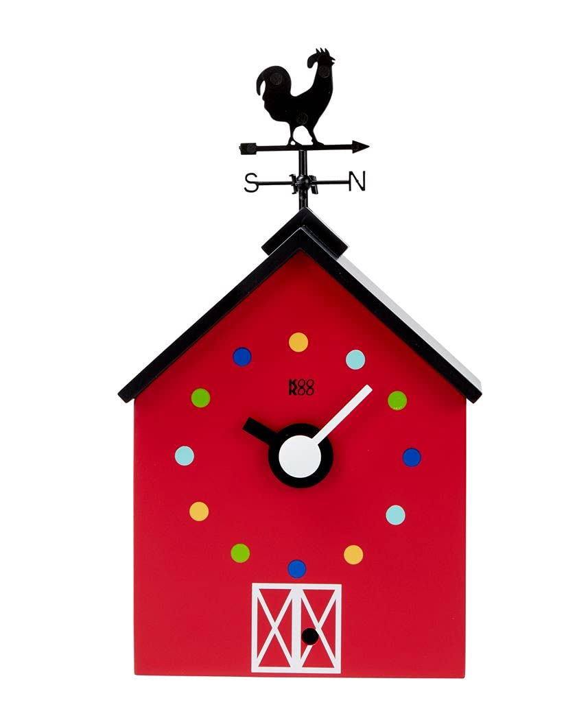 KOOKOO RedBarn small, farmhouse clock with 12 animal sounds, a rooster and a rotating weathervane
