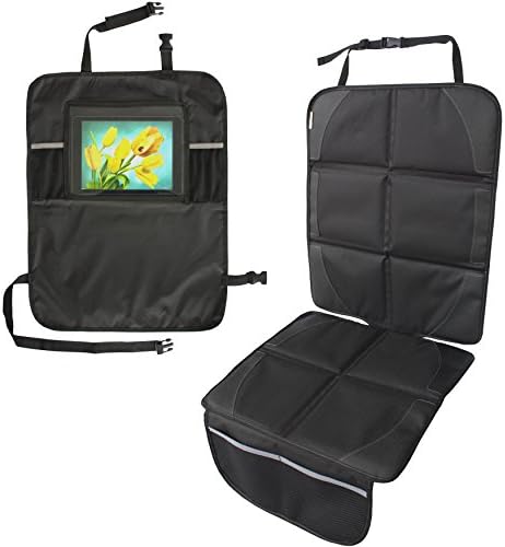 Child Car Seat Protector and Kick Mat Set with clear Holder for Touch Screen iPad and Tablets - Universal Fit Protector Child Booster Seat, Kick Protection for Seat Back