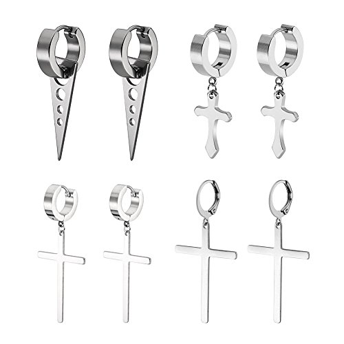 4 Pairs Stainless Steel Small Hoop huggie Earrings Cross Triangle Awl Taper Rivets (4 Pairs Silver-tone) - Thumbnail 5