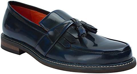 Mens Polish Leather Tasseled Fringe Slip-Ons Loafers,DarkBlue, US 10.5,B(M)