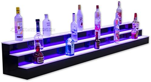 84" 3 Step Tiered Liquor Bottle Display Shelf, High Gloss Black Finish, Remote Control LED Lighting System