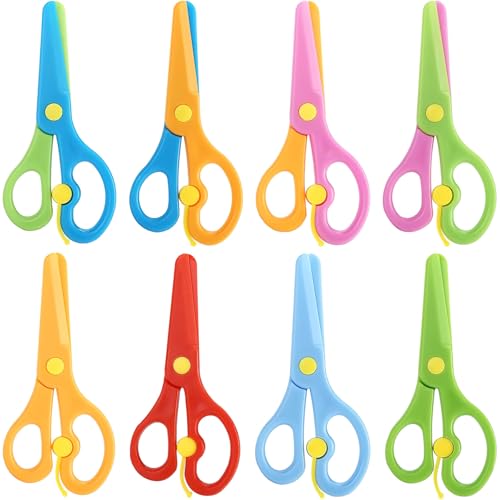 LOVESTOWN Kids Scissors, 8PCS Blunt Tip Training Safety Scissors Stocking Stuffer for Toddler & Children, Anti-Pinch Design, Child Hand-Eye Coordination Development, Art Craft Cutting Paper Supplies