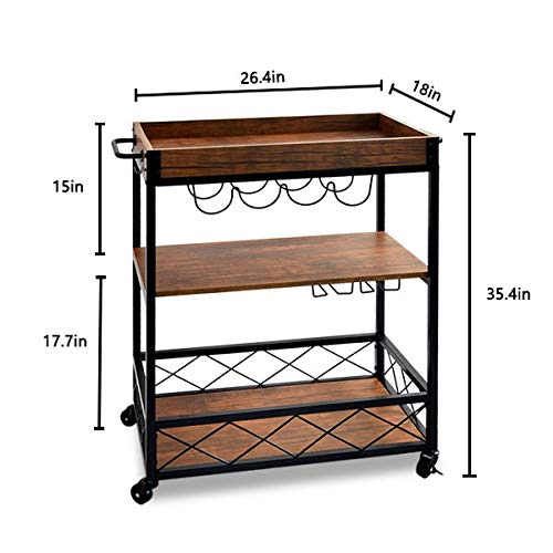 charaHOME Industrial Kitchen Serving Carts Rolling Bar Cart with 3 Tier Storage Shelves Kitchen Island Cart with Wine Glass Holder,Handle Racks,Lockable Caster Liquor Cart Removable Top Box Container
