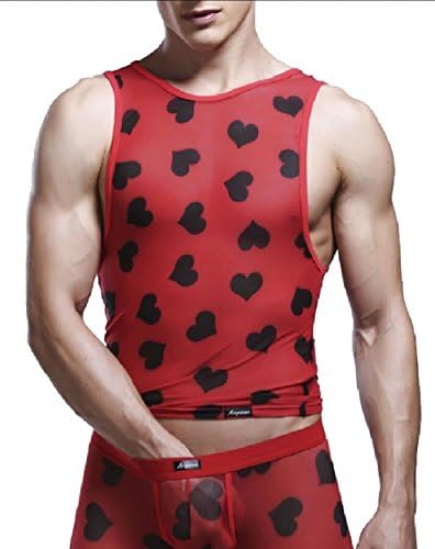 Keaac Mens See Through Fishnet Mesh Clubwear Sleevless T-Shirts Undershirts Red XS