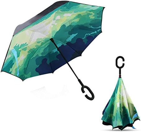 Inverted Umbrella Reverse Folding Umbrella with Double Layer and C-Shaped Handle (Green cloud)