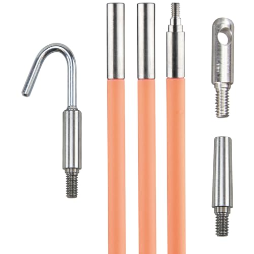 Klein Tools 50153 15-Foot Lo-Flex Flex Glow Fish Rod Set, (3) 1/4-Inch Fish Rods, Adapter, Bullet Nose, Attachments, Splinter Guard Coating