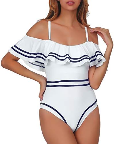 Elegant Taste Women 1 Piece Vintage Navy Ruched Flounce Off Shoulder Swimwear High Waisted Swimsuit Monokini