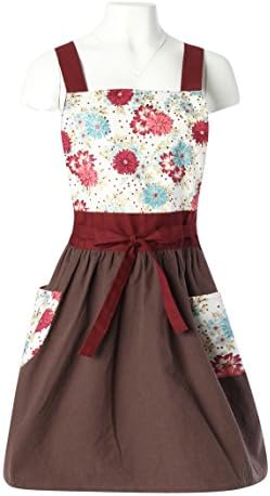 Home Bene 100% Cotton White Rose, Cute X-back Kitchen Apron for women, Cooking Apron Floral Pattern, Waist Ties, Two side Pockets, Cooking, Baking, Barbecuing, Gardening, Brown