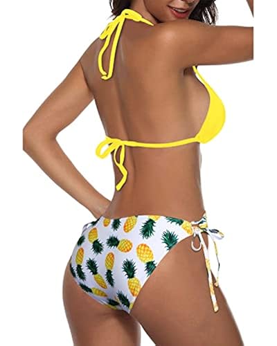 Tempt Me Women Yellow Pineapple Two Piece Halter Padded Top Tie