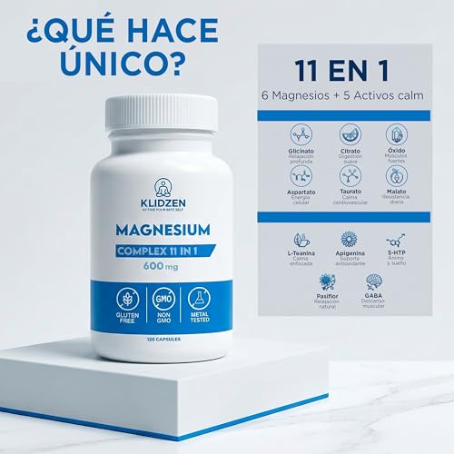 KLIDZEN Magnesio Complex 11 en 1 | 600 mg | Glicinato, L-Teanina 200 mg, GABA, 6 Tipos de Magnesio para Dormir, Estrés y Relajación | 120 Cápsulas