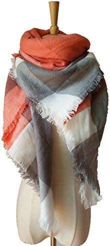 YCHY Women's Super Soft Large Tartan Fashion Scarf Best Gift Wrap Party Shawl (Orange Grey)