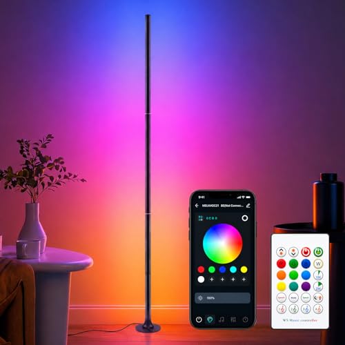 Aourow RGB Floor Lamp 120 cm, Dimmable Corner Lamp with Smart App and Remote Control | 16 million colours, music synchronisation, 100+ DIY mode and timing function for bedroom, gaming