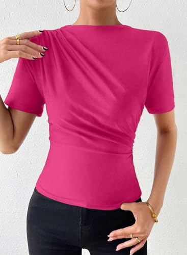 LOLONG SHORT SLEEVE BOAT NECK RUCHED SHIRTS FOR WOMEN SUMMER BUSINESS CASUAL TRENDY SLIM FITTED BASIC TOPS SOLID COTTON BLOUSES HOT PINK