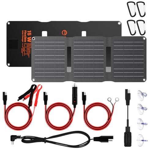 Flexsolar 15W Solar Autobattery Charger Solar Panel, IP67 Waterproof Solar Panel Portable Battery Charger with USB DC SAE Connection Cable for Car, Boat, Motorcycle, Trailer, etc