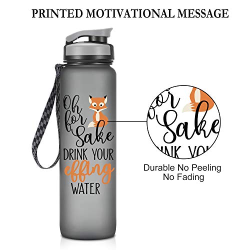 LEADO 32oz 1Liter Motivational Tracking Water Bottle with Time Marker - Oh for Fox Sake Drink Your Effing Water - Funny Birthday Gifts for Women, Wife, Mom, Daughter, Best Friend - Drink More Water