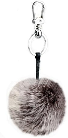 Bethany Real Rex Rabbit Fur 3" PomPom with Leather Strap and Silver Keychain