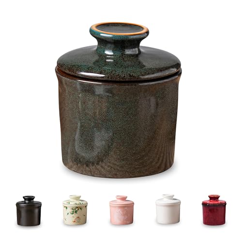Teapeak Pottery Butter Keeper Crock - Ceramic Butter Dish with Water Line for Countertop, Keep Butter Fresh (Greenish Brown)