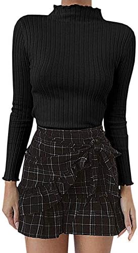 Bowanadacles Women Long Sleeve Ribbed Turtleneck Plain Basic Slim Tops tee Shirt Knit Mock Pullover Sweater Casual