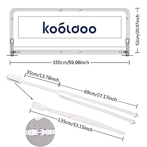 KOOLDOO 59" Fold Down Toddlers Bed Rail Safety Baby Bed Guard with NBR Foam Including 1Pc Seat Belt (Blue)