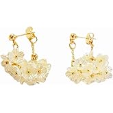 Flower Drop Earrings, Gold Chain Dangle,White Floral Cluster