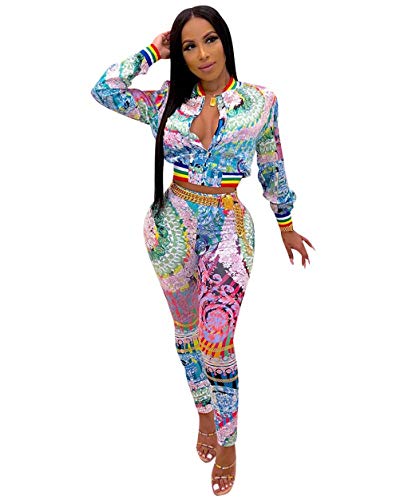 Floral Tracksuit Sets for Women Casual Rainbow Crop Jacket Bodycon Pants Joggers Sportwear Colorful XXL