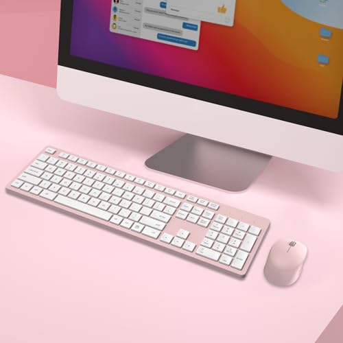 LeadsaiL Wireless Keyboard and Mouse Combo, Full-Sized Ergonomic Computer Keyboard, 2.4GHz Cordless Keyboard Silent Mouse Set with 2-in-1 USB Receiver, 12 FN Shortcuts for Windows Laptop, PC/Mac-Pink