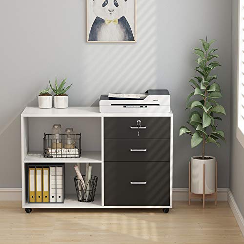 Tribesigns 3 Drawer Wood File Cabinets with Lock, Large Modern Lateral Mobile Filing Cabinets Printer Stand with Wheels, Open Storage Shelves for Home (White with Lock)