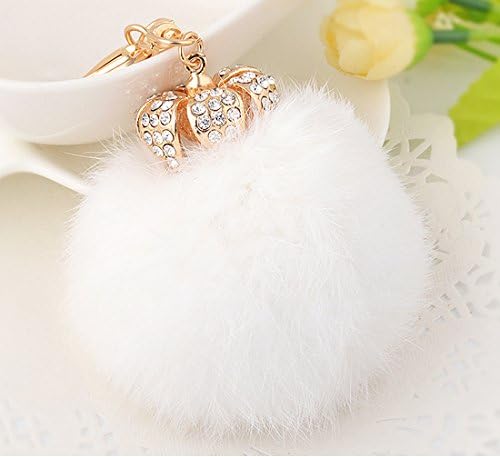 Elfstore Beautiful 3D Imperial Crown with WHITE Fur Ball rhinestone keychain, Car key ring, Handbag Purse accessories