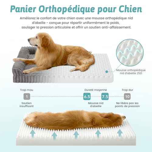 COZY KISS Orthopaedic Dog Bed Extra Large 120 x 88 x 17 cm – Soft Faux Fur Sofa Bed, Memory Foam in Honeycomb, Ergonomic Cushion, Removable, Washable, Grey, XXL