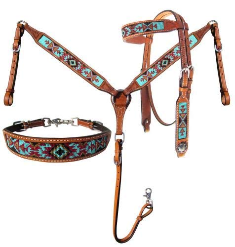 Showman 3 Piece Argentina Cow Leather Headstall & Breast Collar Set w/Aztec Beaded Inlays! New Horse TACK!