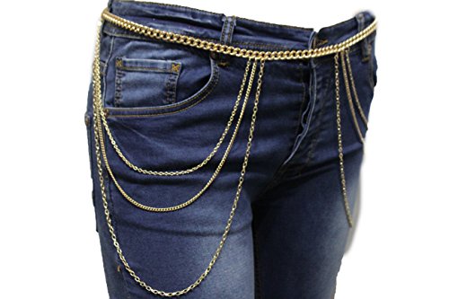 TFJ Women Fashion Belt Hip Waist Gold Metal Chains Side Long Waves Hips S M L