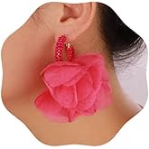 Denifery Bohemian Big Fabric Flowers Dangle Earrings Beaded Hoop Earrings Chiffon Floral Tassel Drop Earrings Vacation Wedding Gifts Jewelry for Women (Rose Red)