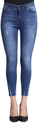 Lark Women's Low Rise Ankle Stretchy Skinny Jeans Destroyed Abrasions Raw Hem Denim Pants