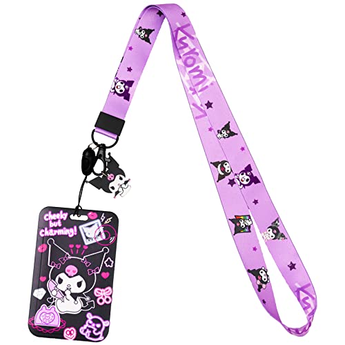 Cartoon Lanyard ID Holder Kawaii Cat Key Card Cute Badge Holder with Lanyards for Girls Women Gift (Purple)
