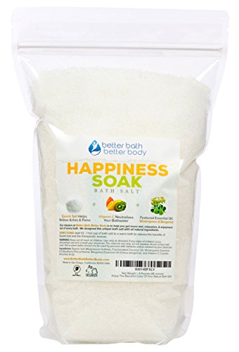 Happiness Bath Salt 3-lbs (48 Ounces) – Epsom Salt Bath Soak With Wintergreen & Bergamot Essential Oil & Vitamin C – Aromatherapy To Inspire Happy Feelings – All Natural No Perfumes No Dyes