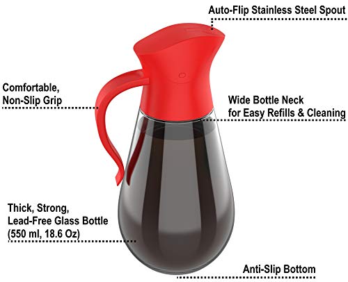 Brieftons Oil & Vinegar Dispensers: 2 x 18.6 Oz Leakproof Glass Dispenser Bottles, Dual Condiment Dispensing Cruet Containers, with Automatic Stopper, Drip-Free & Spill-Free Spout, Non-Slip Handle - Thumbnail 2